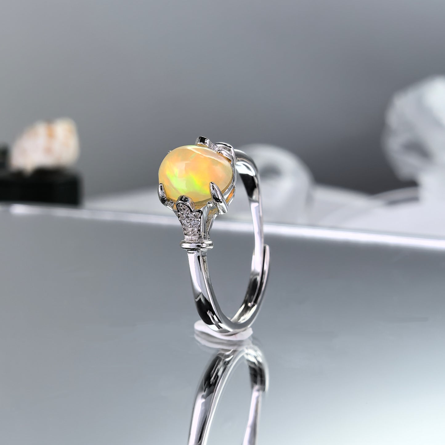 Gorgeous Rhodium Plated 925 Silver Natural Opal Ring Oval Cut Gemstone Jewelry