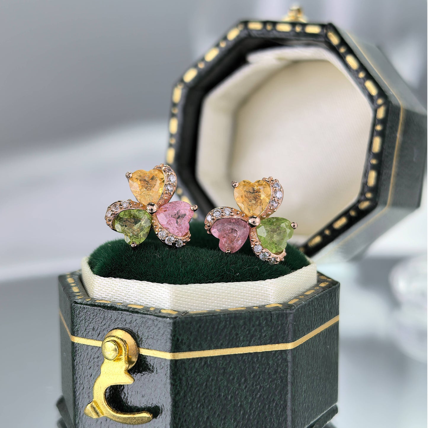 Delicate Rose Gold Plated 925 Sterling Silver Natural Tourmaline Clover Stud Earrings