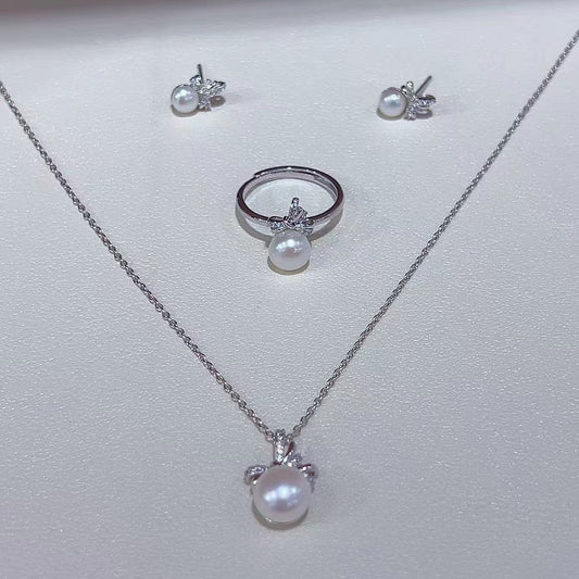 Graceful Rhodium Plated 925 Sterling Silver Freshwater Pearl Bow Jewelry Set
