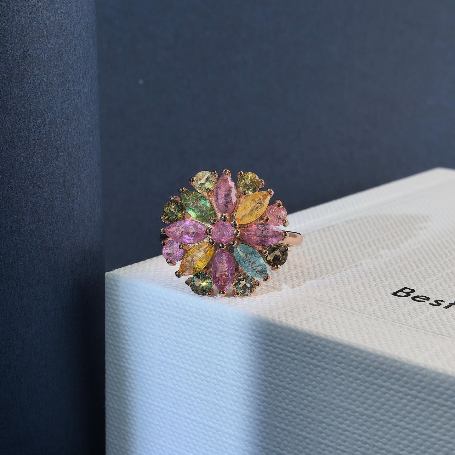 Charming Rose Gold Plated Silver 925 Jewelry Natural Tourmaline Flower Ring