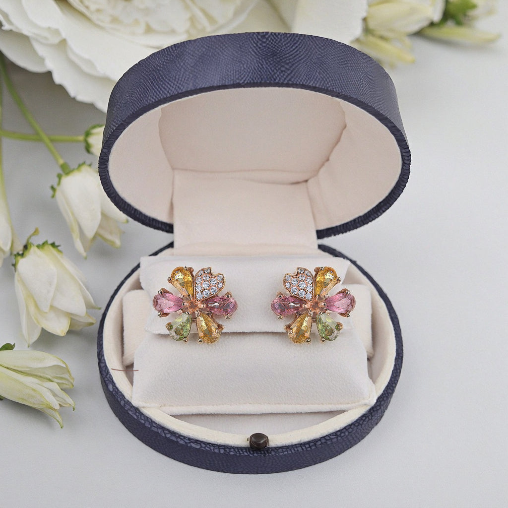 Charming Rose Gold Plated 925 Sterling Silver Natural Tourmaline Flower Stud Earrings