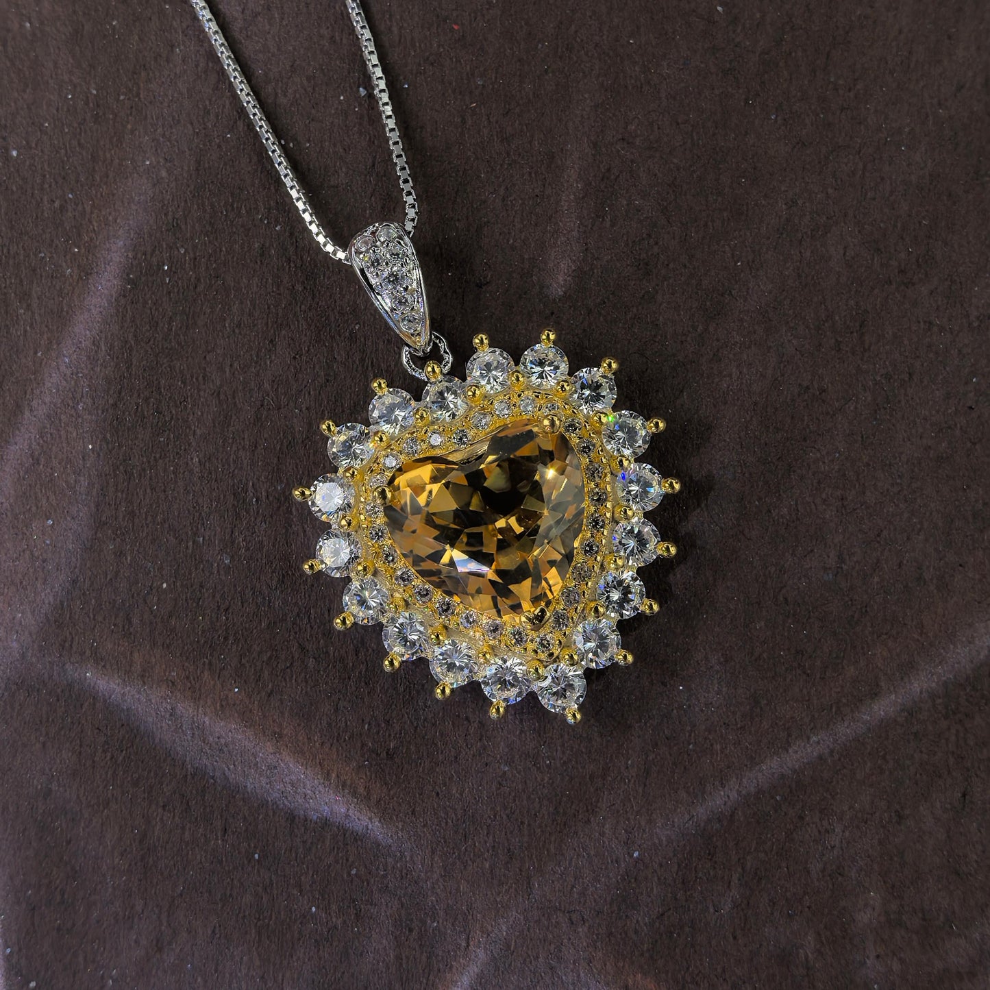 Elegant 925 Silver Natural Citrine Heart Pendant Dual Color Plated