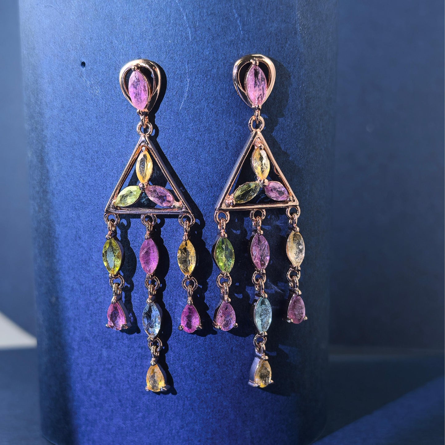 Elegant Rose Gold Plated 925 Silver Jewelry Natural Tourmaline Triangle Drop Earrings