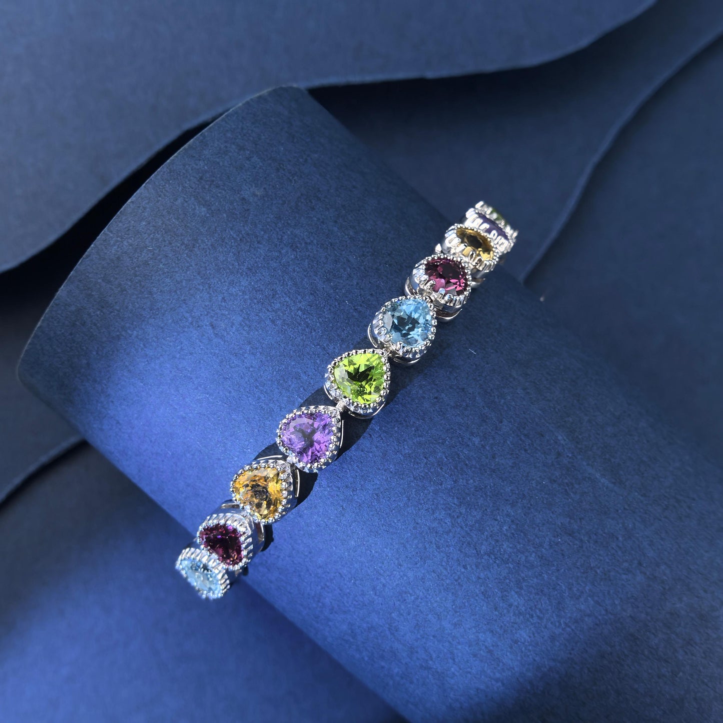 Delicate Rhodium Plated Silver 925 Jewelry Multiple Natural Gemstone Heart Bracelet