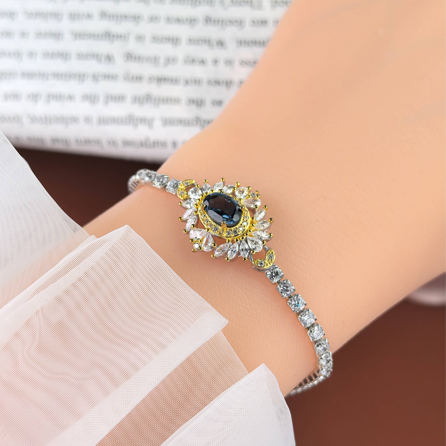 Brilliant Rhodium Plated Sterling Silver 925 Natural London Blue Topaz Bracelet