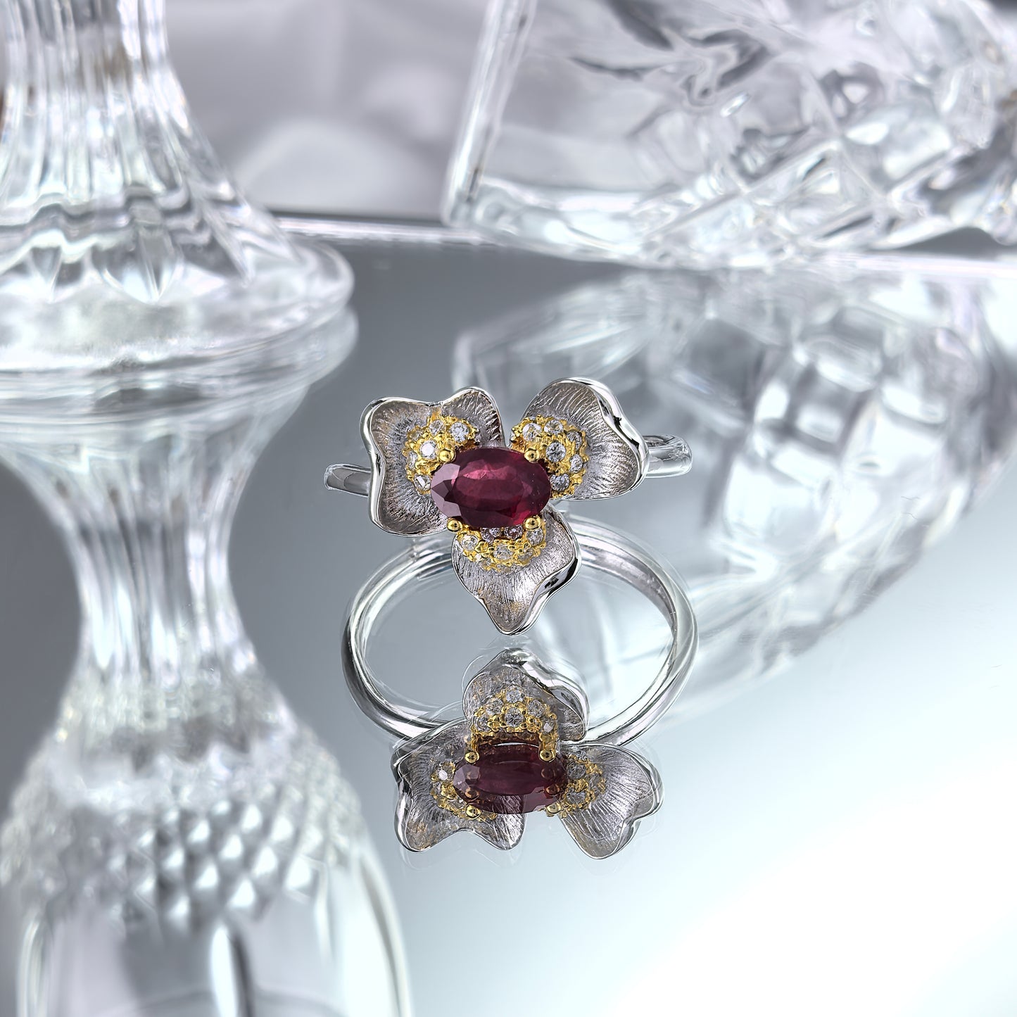 Elegant Dual Color Plated Silver 925 Jewelry Natural Ruby Flower Ring