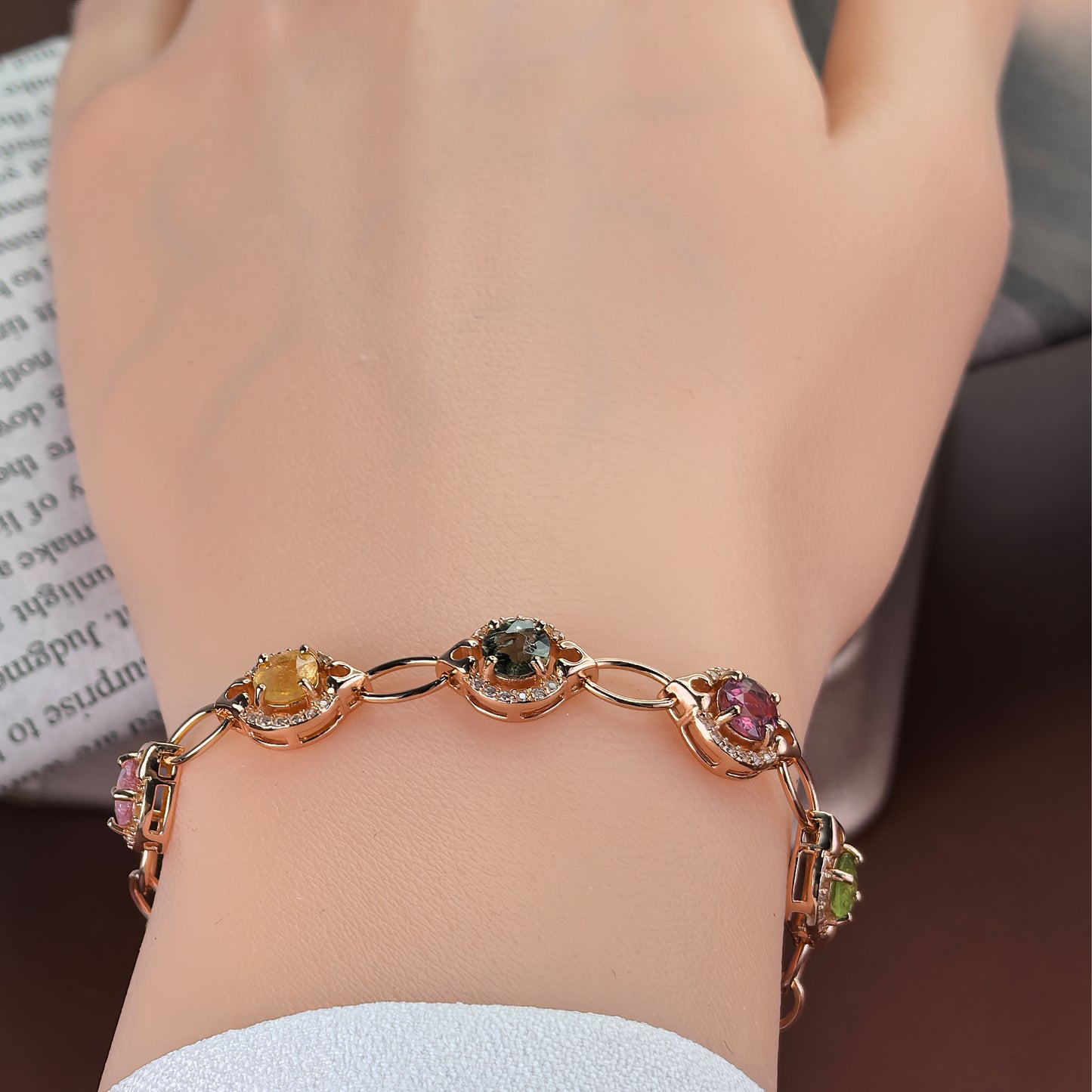Elegant Rose Gold Plated 925 Sterling Silver Natural Tourmaline Bracelet