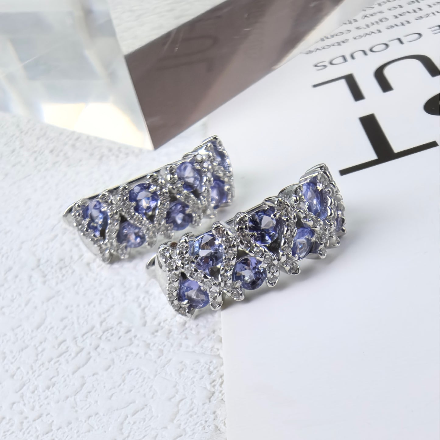 Exquisite Rhodium Plated Silver 925 Jewelry Natural Tanzanite Hoop Earrings