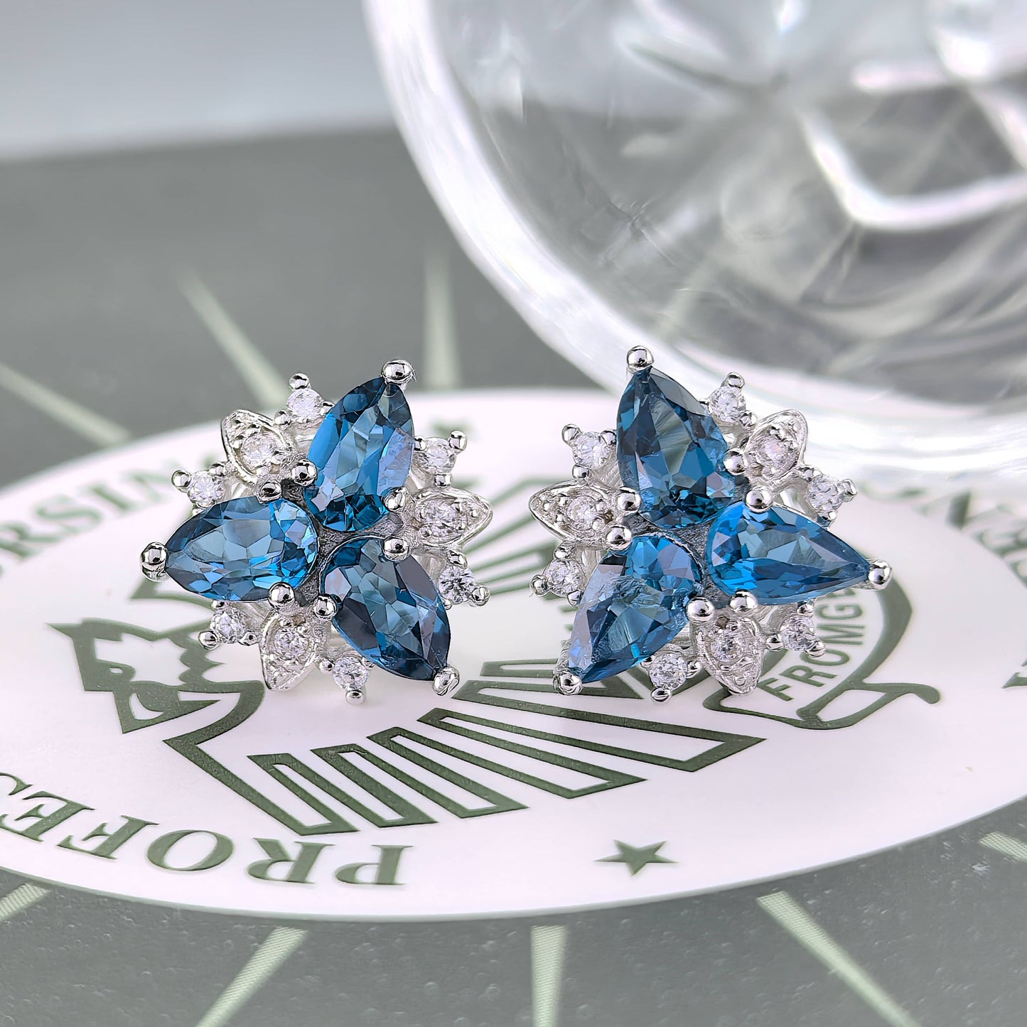 Exquisite Rhodium Plated Silver 925 Natural London Blue Topaz Clover Stud Earrings