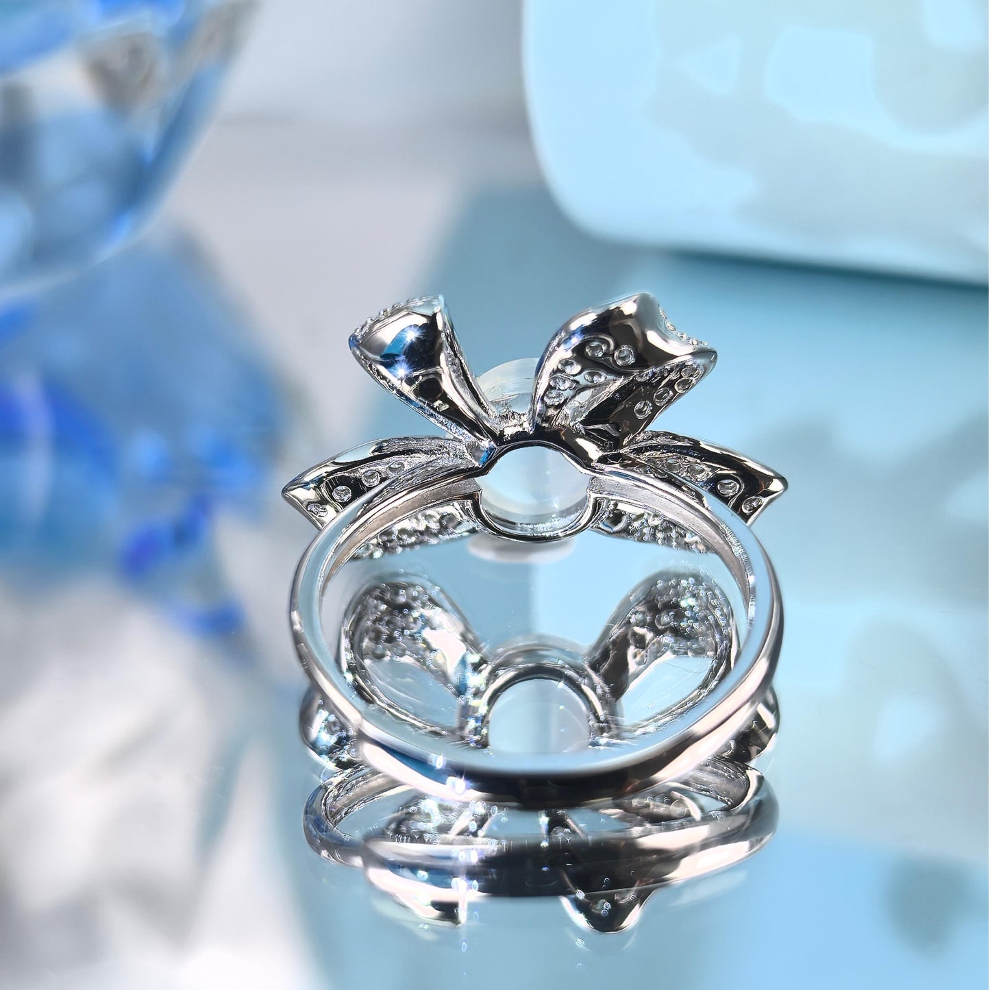 Romantic Rhodium Plated Silver 925 Jewelry Natural Moonstone Bow Ring