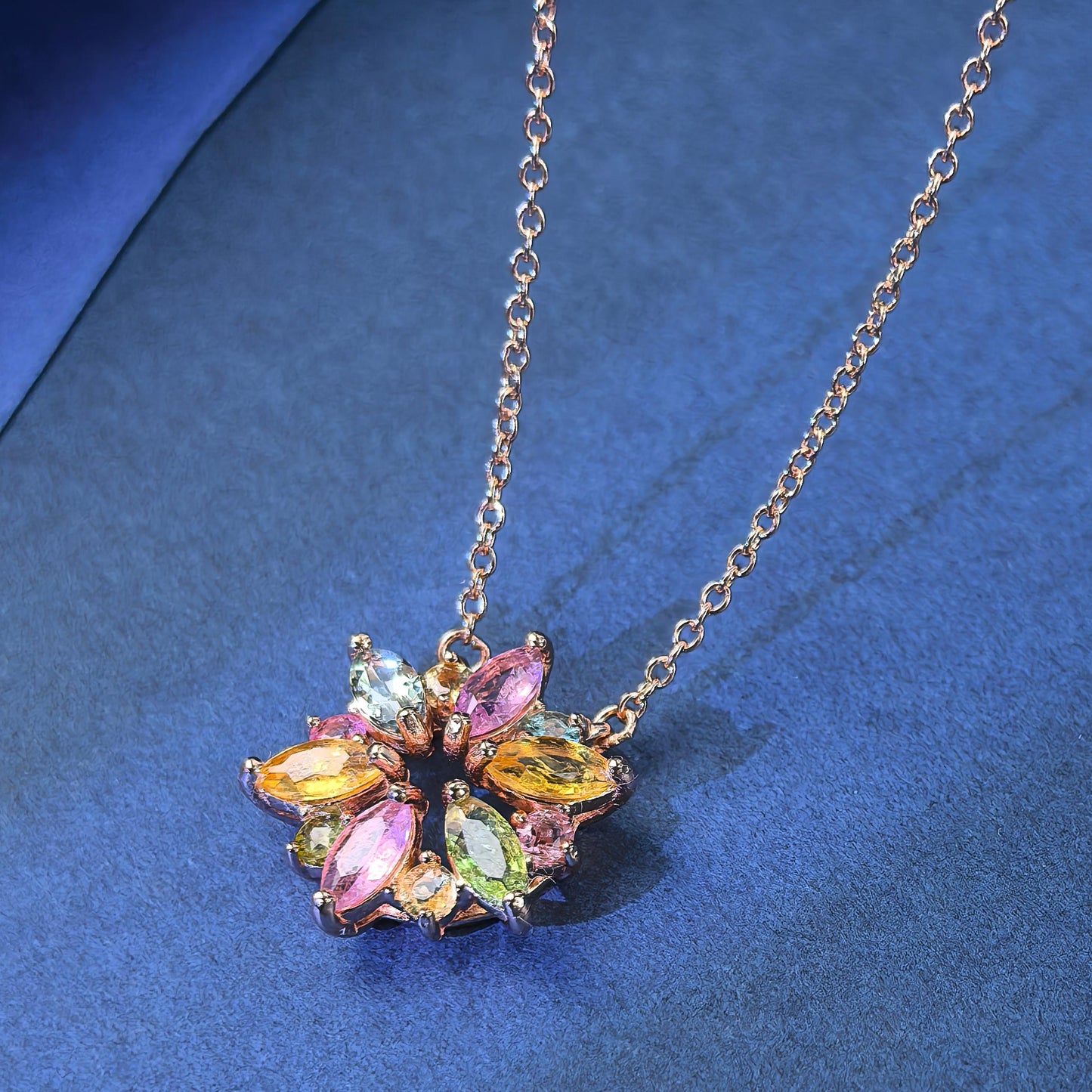 Charming Rose Gold Plated Silver 925 Jewelry Natural Tourmaline Flower Necklace