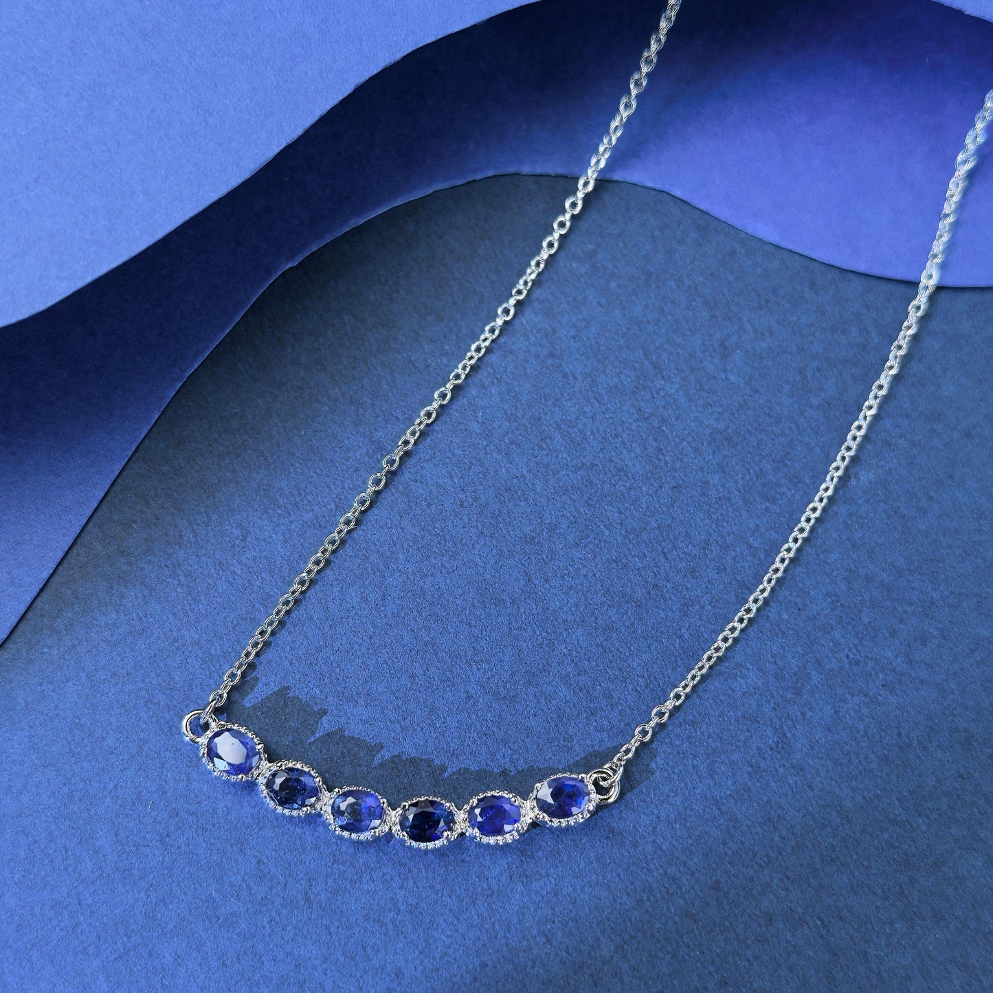 Elegant Rhodium Plated Silver 925 Jewelry Natural Sapphire Necklace