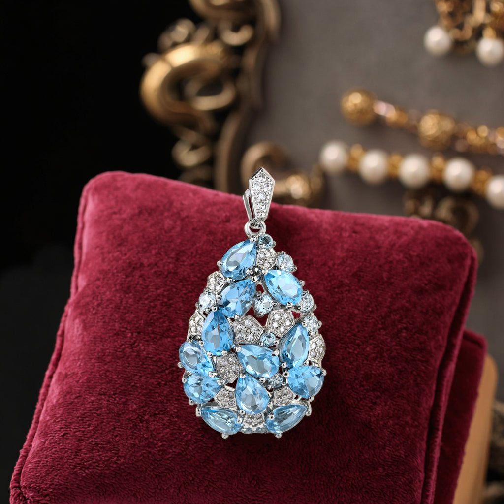 Graceful Rhodium Plated 925 Sterling Silver Natural Swiss Blue Topaz Pendant