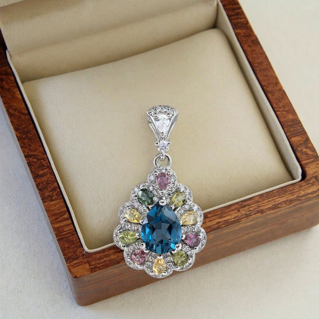 Delicate Rhodium Plated 925 Sterling Silver Natural London Blue Topaz Pendant