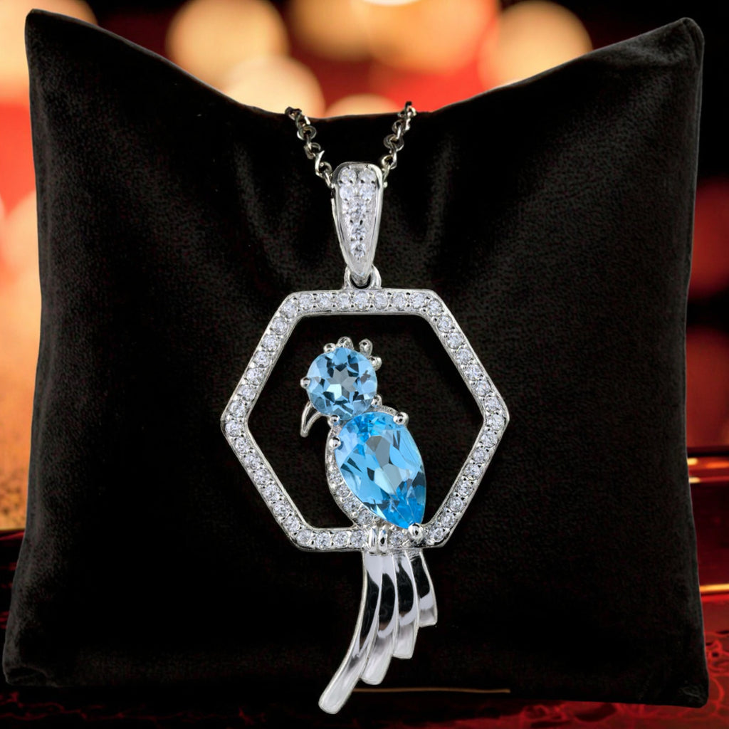 Unique Rhodium Plated 925 Sterling Silver for Swiss Blue Topaz Bird Pendant