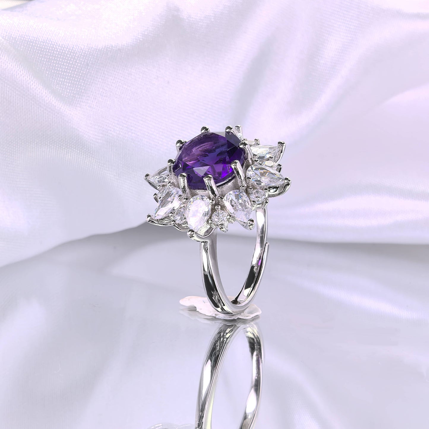 Exquisite Rhodium Plated 925 Silver Jewelry Natural Amethyst Flower Ring