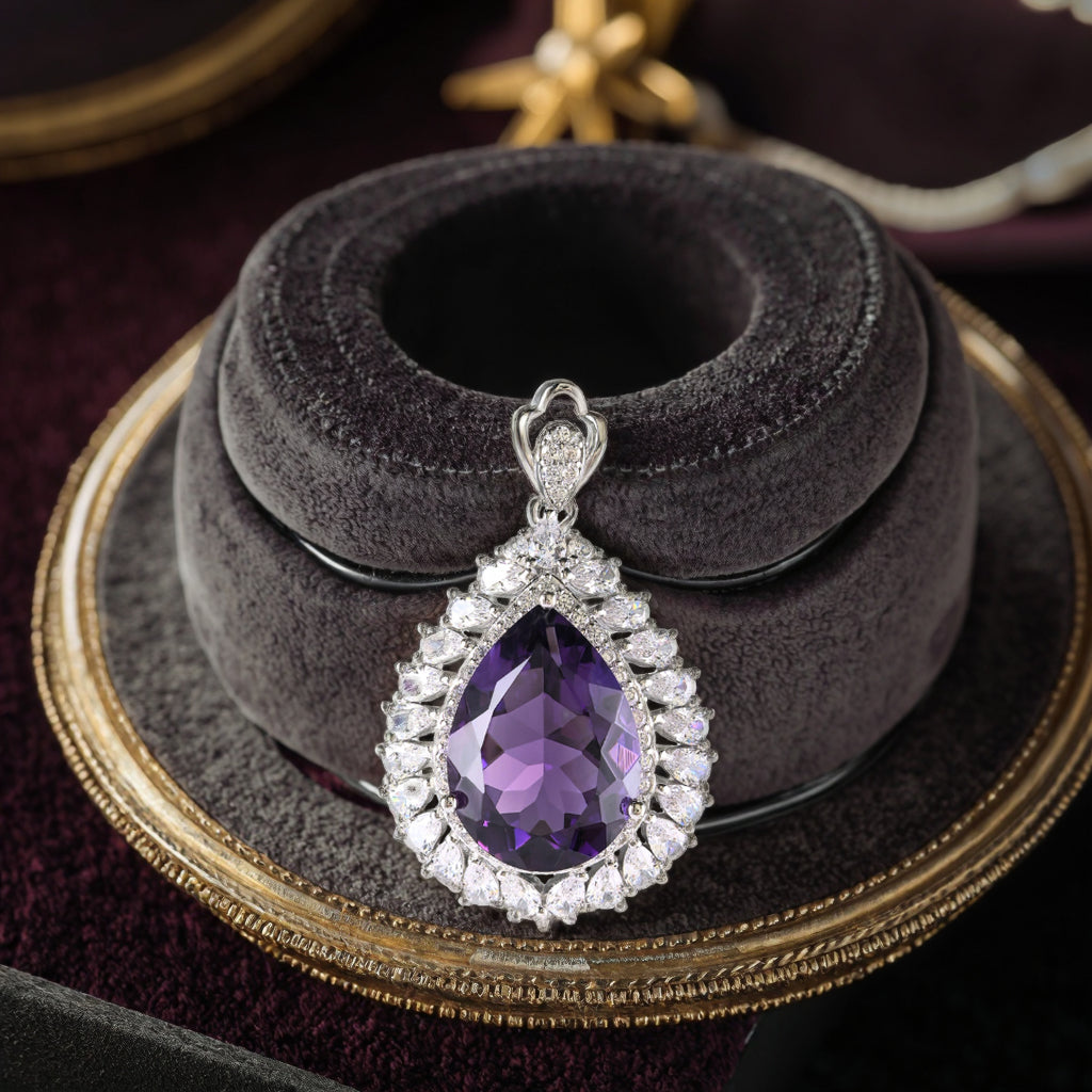 Sparkling Rhodium Plated 925 Silver Jewelry Natural Amethyst Pendant
