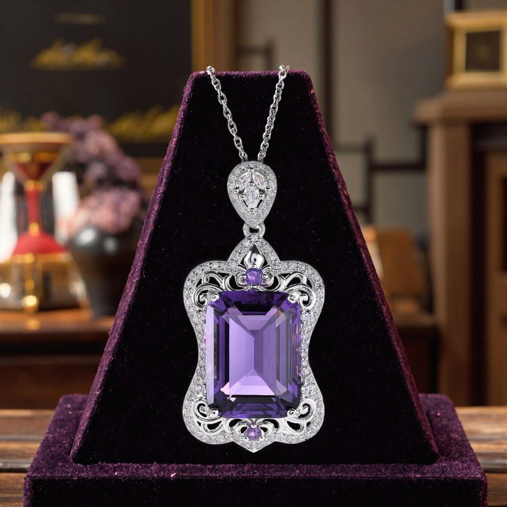 Unique Rhodium Plated 925 Sterling Silver Natural Amethyst Pendant