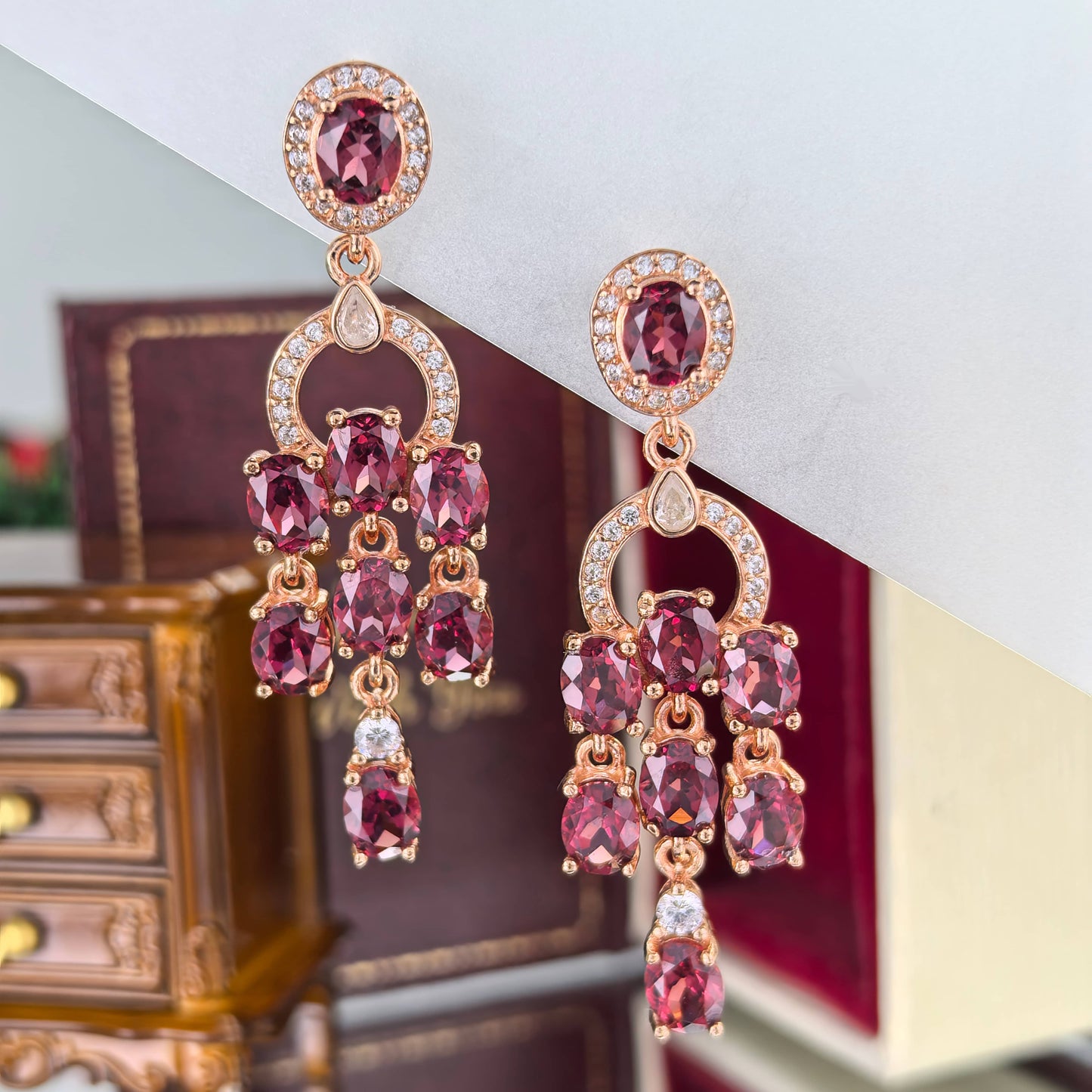 925 Silver 925 Pyrope Drop Earrings for Women Charming Rose Gold Plated Geometric Pattern for Wedding Party Anniversary Gift