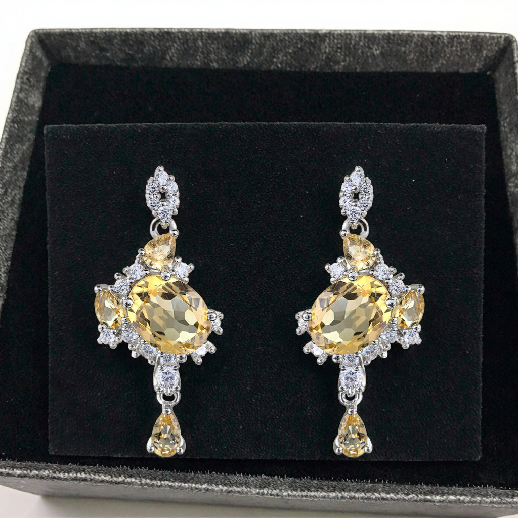 Trendy Rhodium Plated S925 Silver Natural Citrine Drop Earrings for Birthday Gift