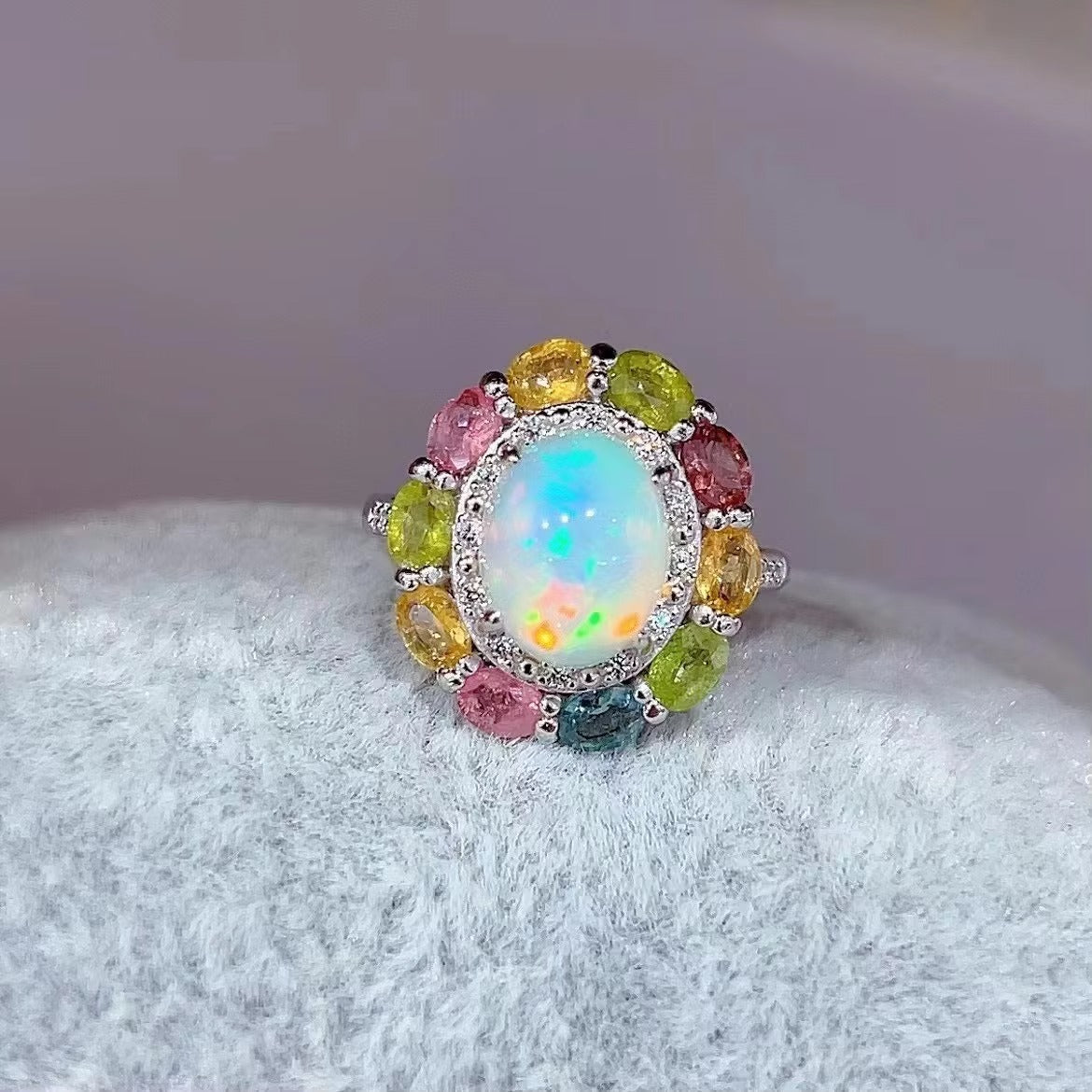 Delicate Rhodium Plated Silver 925 Jewelry Natural Opal Flower Jewelry Set