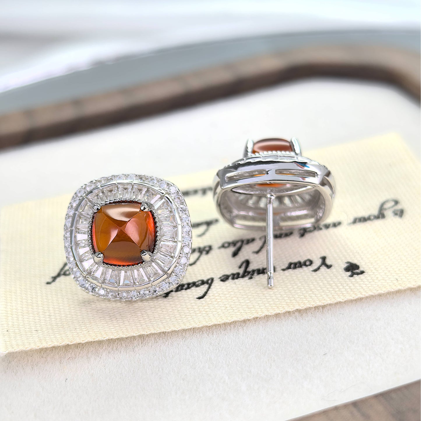 925 Sterling Silver Natural Mandarin Garnet Stud Earrings Charming Rhodium Plated