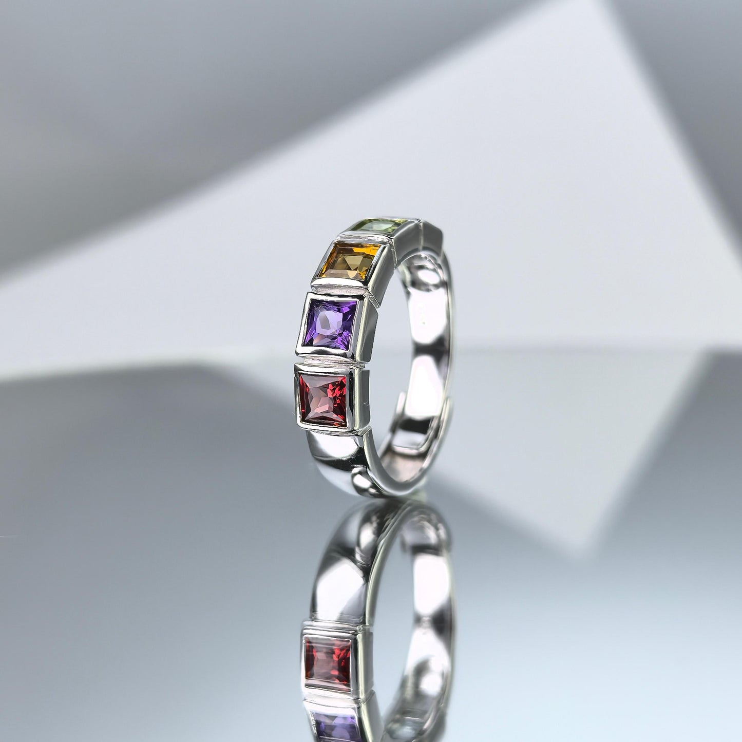 Exquisite Rhodium Plated 925 Silver Jewelry Multiple Natural Gemstone Ring