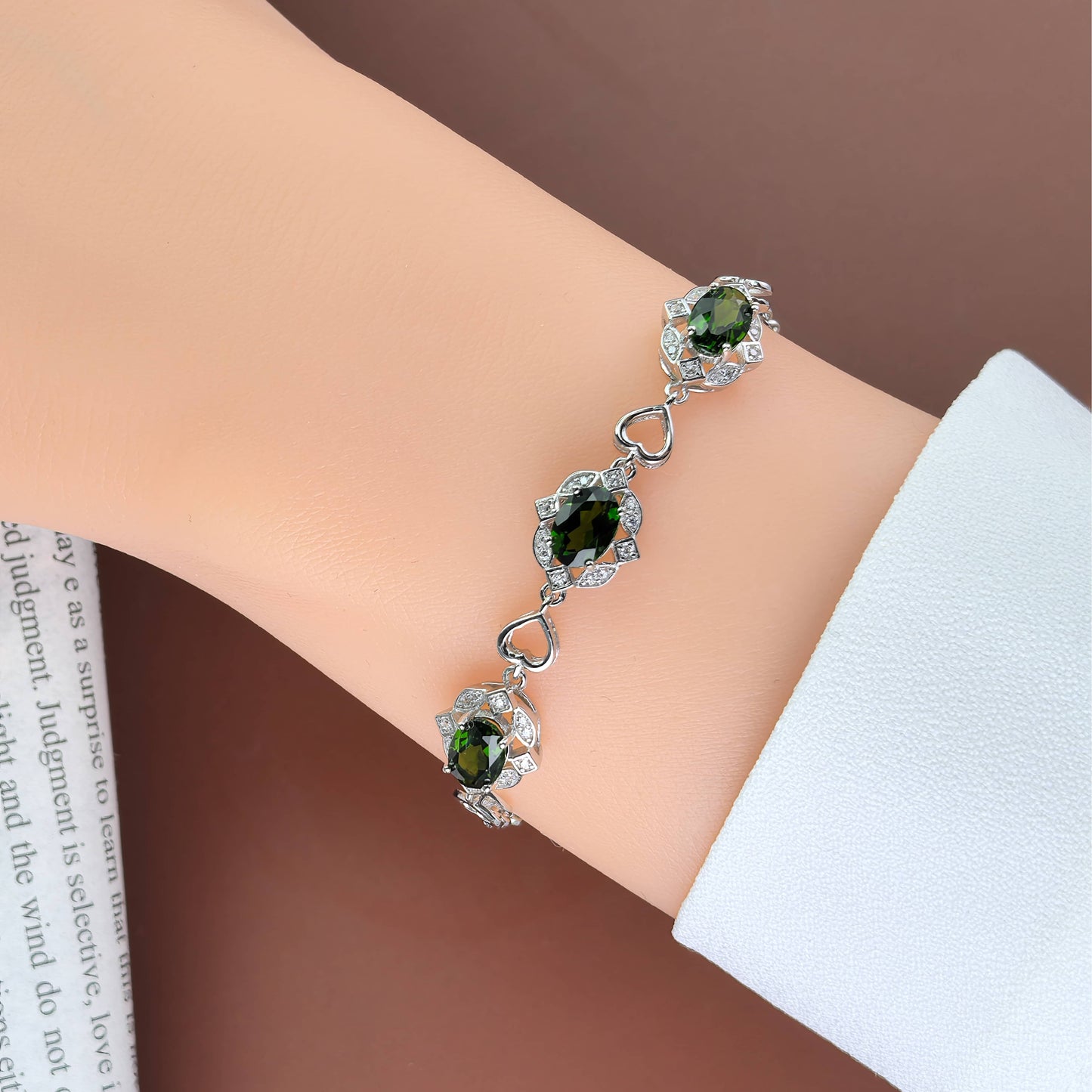 Elegant Rhodium Plated 925 Silver Natural Diopside Bracelet