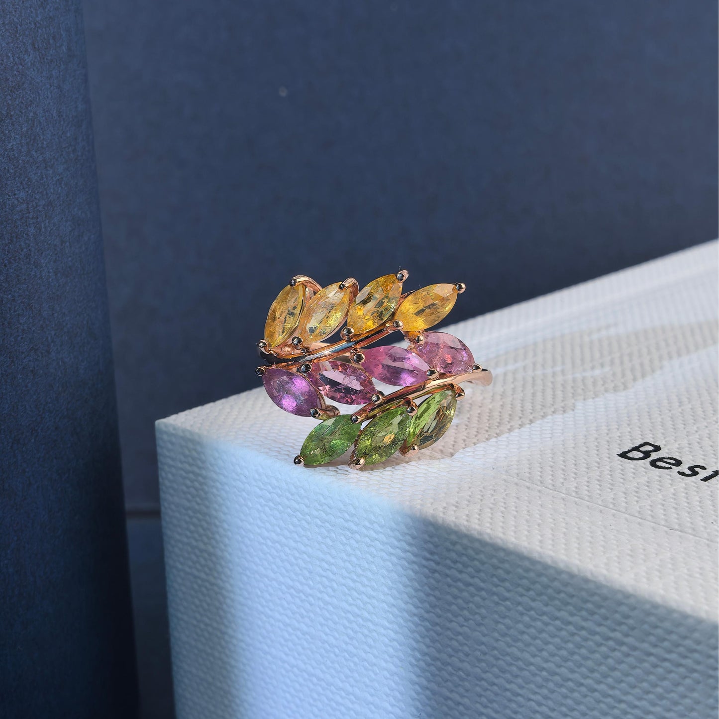 Elegant Rose Gold Plated Silver 925 Jewelry Natural Tourmaline Leaf Ring