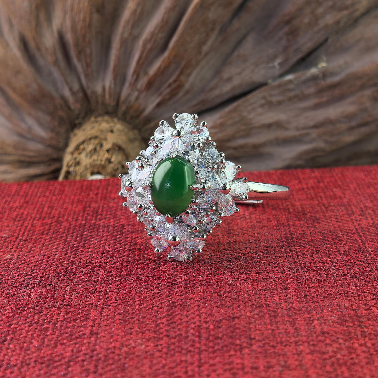Elegant Rhodium Plated Silver 925 Jewelry Natural Jadeite Flower Ring