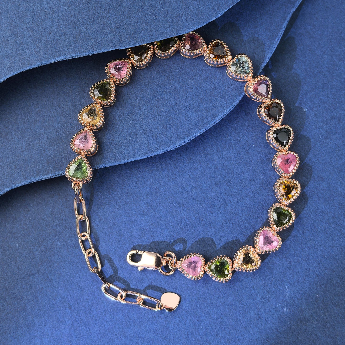 Charming Rose Gold Plated Silver 925 Jewelry Natural Tourmaline Heart Bracelet