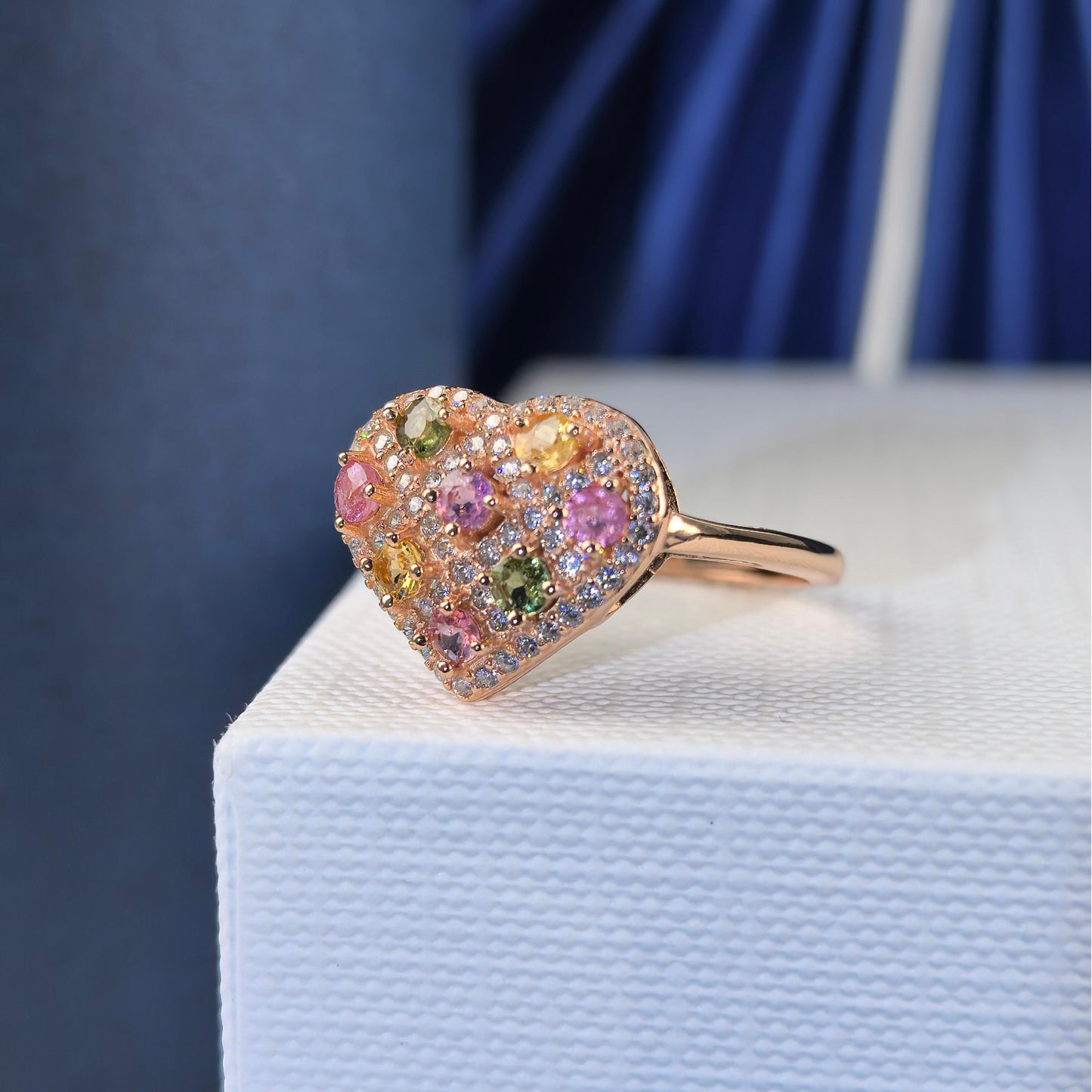 Delicate Rose Gold Plated 925 Silver Jewelry Natural Tourmaline Heart Ring