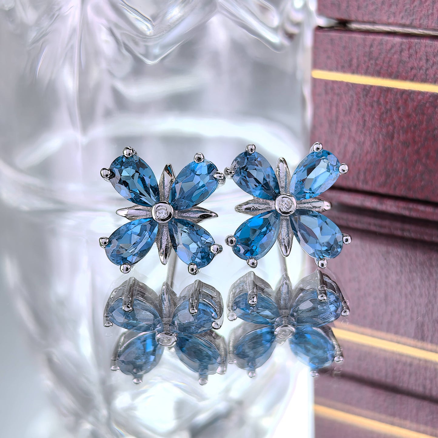 Rhodium Plated 925 Sterling Silver Natural London Blue Topaz Four Leaf Clover Stud Earrings