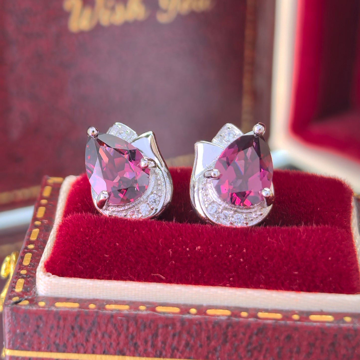 Tiny Rhodium Plated S925 Silver Pear Cut Natural Pyrope Stud Earrings