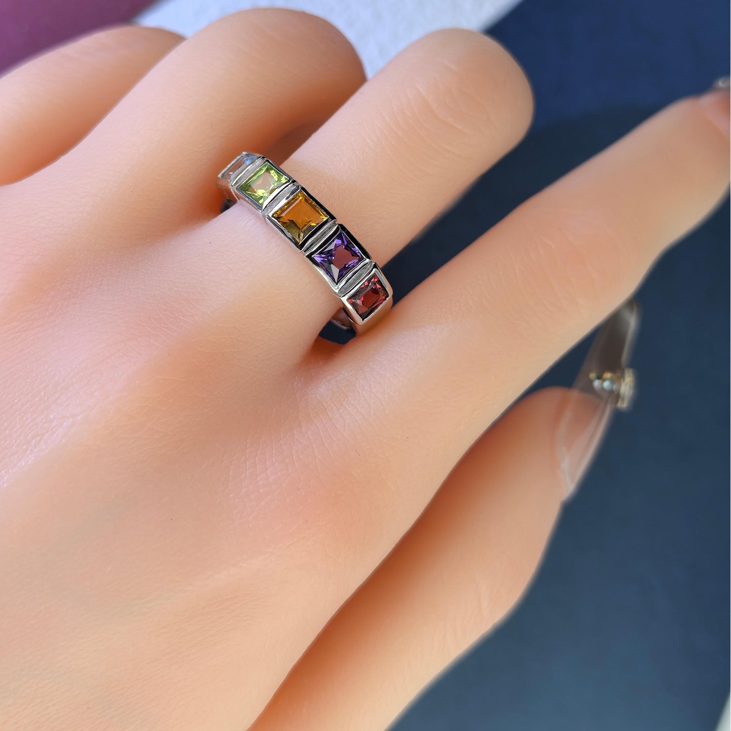 Exquisite Rhodium Plated 925 Silver Jewelry Multiple Natural Gemstone Ring