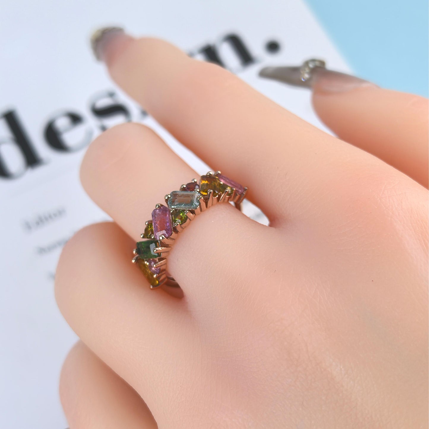 Unique Rose Gold Plated Silver 925 Jewelry Natural Tourmaline Ring