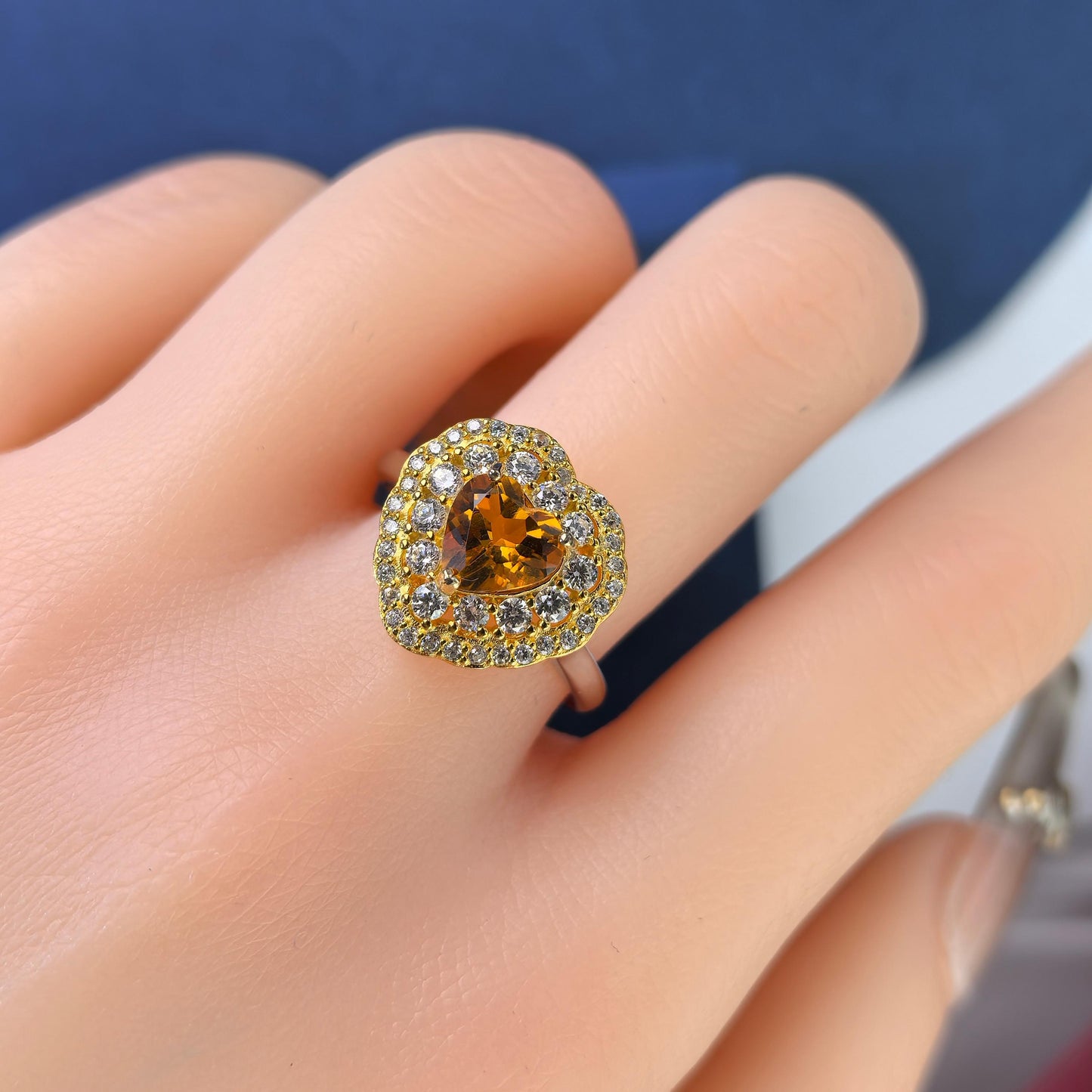 Dazzling Rhodium and Gold Plated Silver 925 Jewelry Natural Citrine Heart Ring