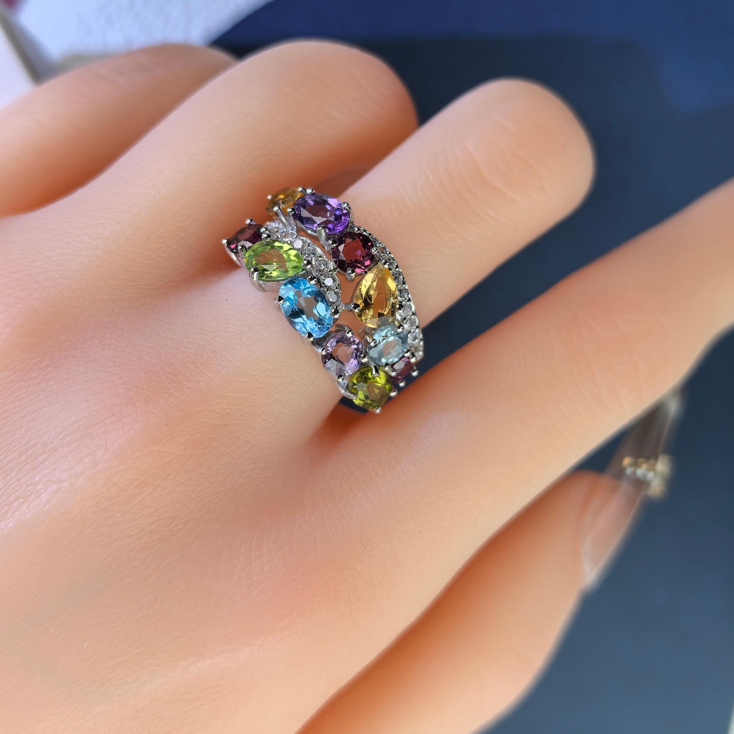 Gorgeous Rhodium Plated 925 Silver Jewelry Multiple Natural Gemstone Ring