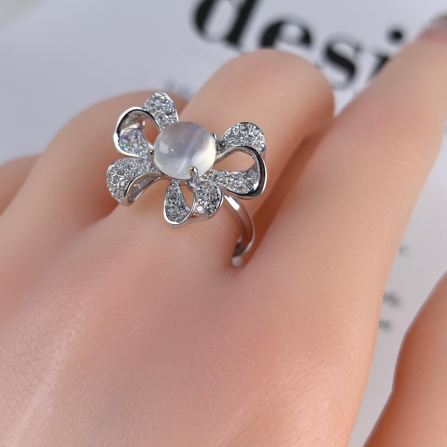 Romantic Rhodium Plated Silver 925 Jewelry Natural Moonstone Bow Ring