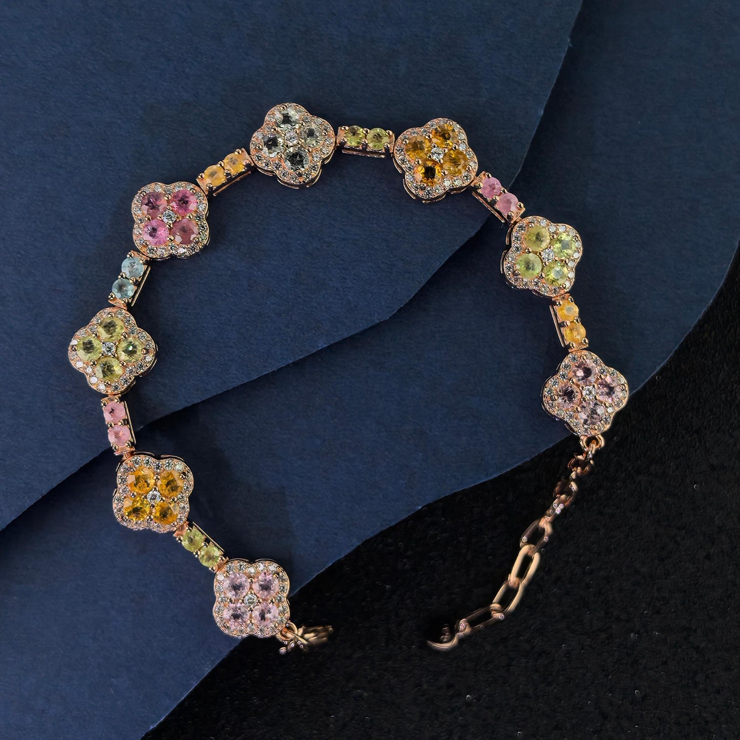 Romantic Rose Gold Plated 925 Fine Jewelry Natural Tourmaline Clover Bracelet