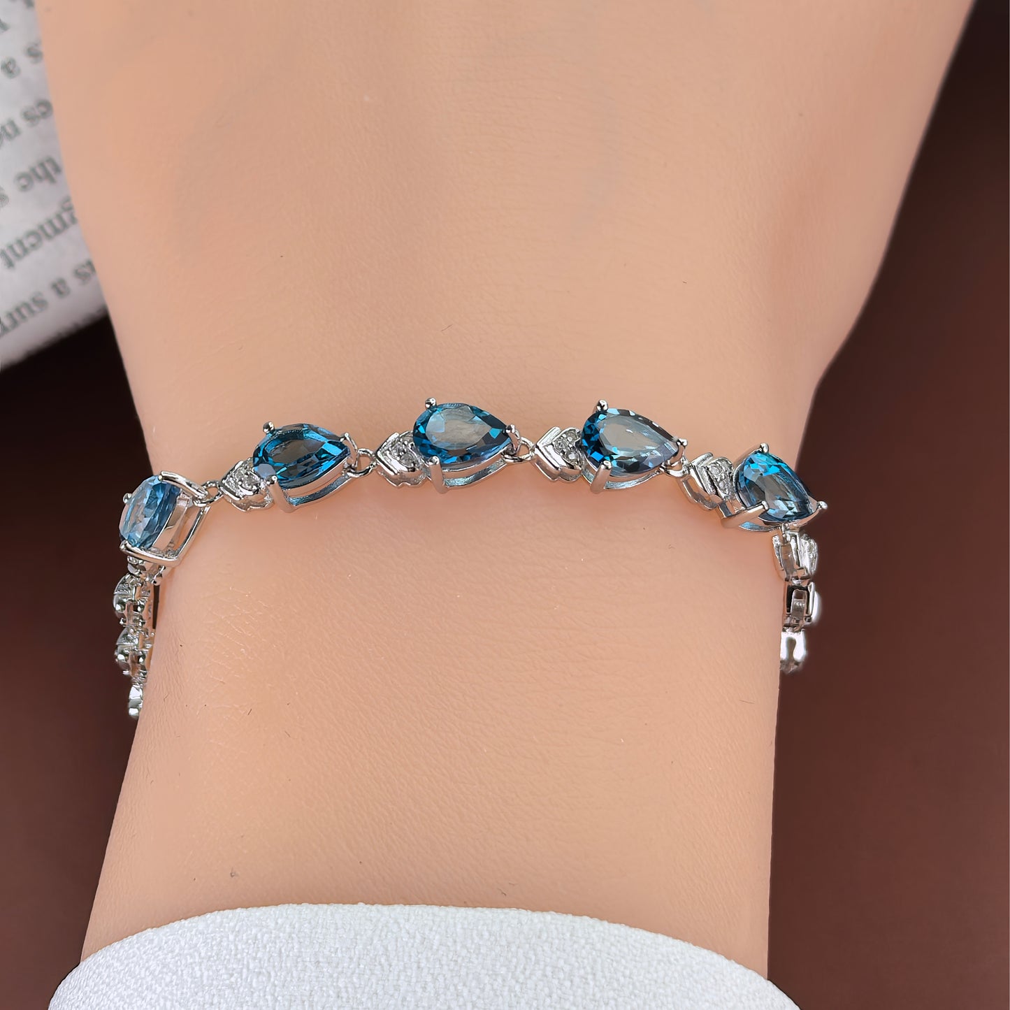 Elegant Rhodium Plated Silver 925 Jewelry Natural London Blue Topaz Bracelet
