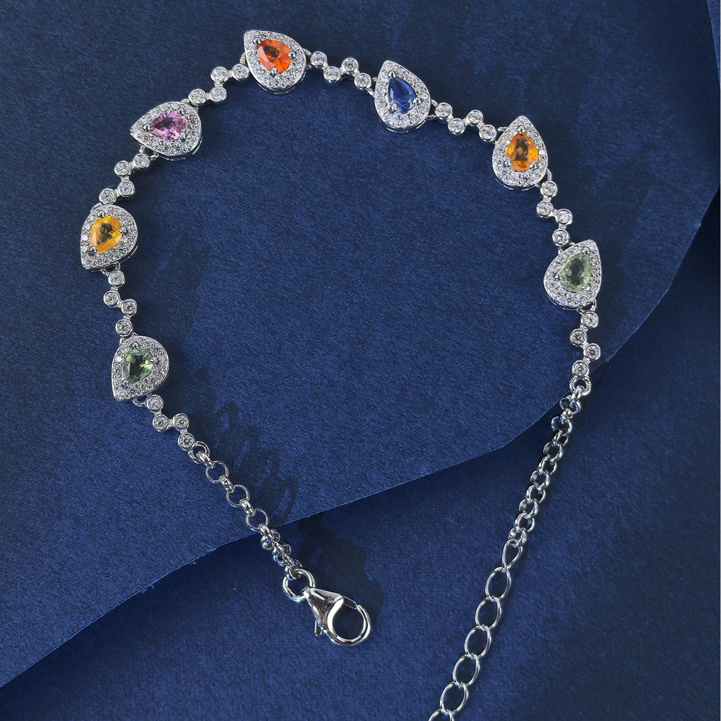 Elegant Rhodium Plated Silver 925 Jewelry Natural Rainbow Sapphire Bracelet
