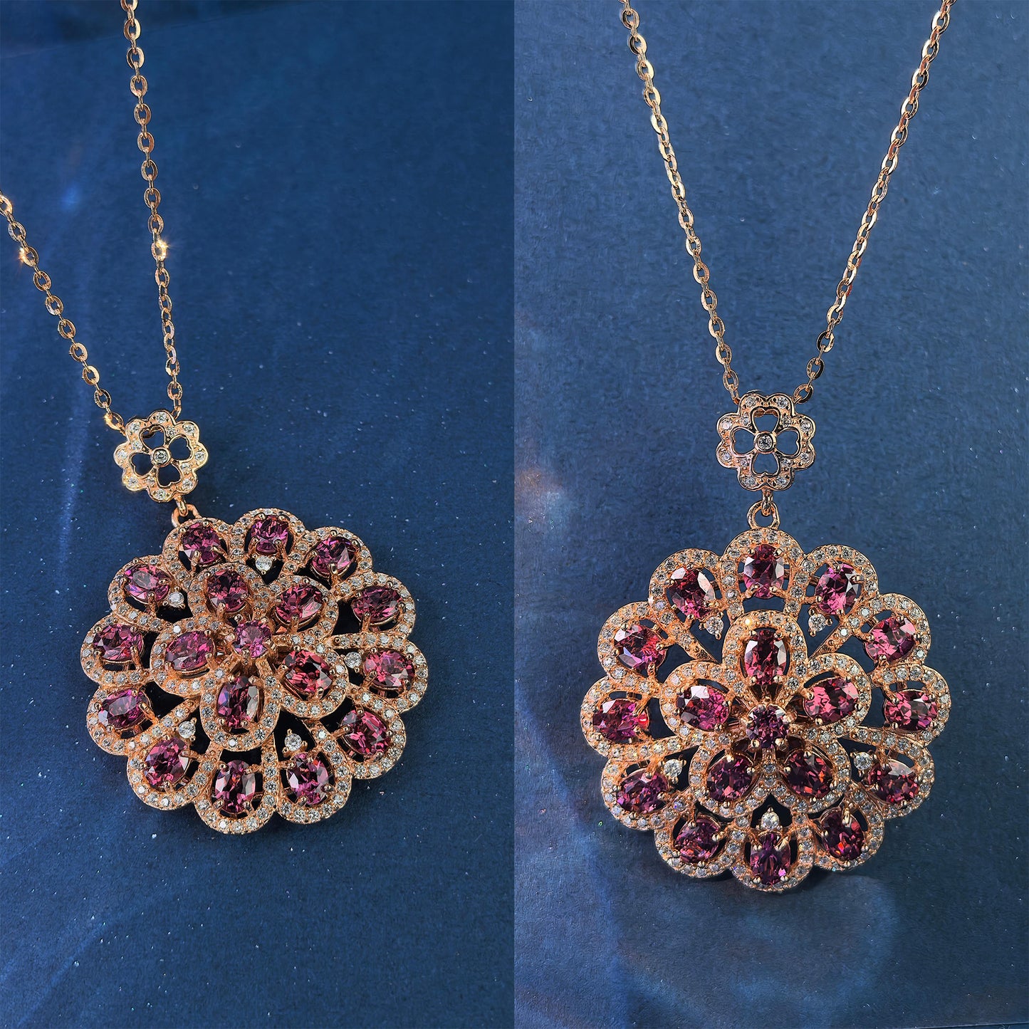 Elegant Rhodium/Rose Gold Plated 925 Silver Natural Pyrope/Sapphire Flower Pendant