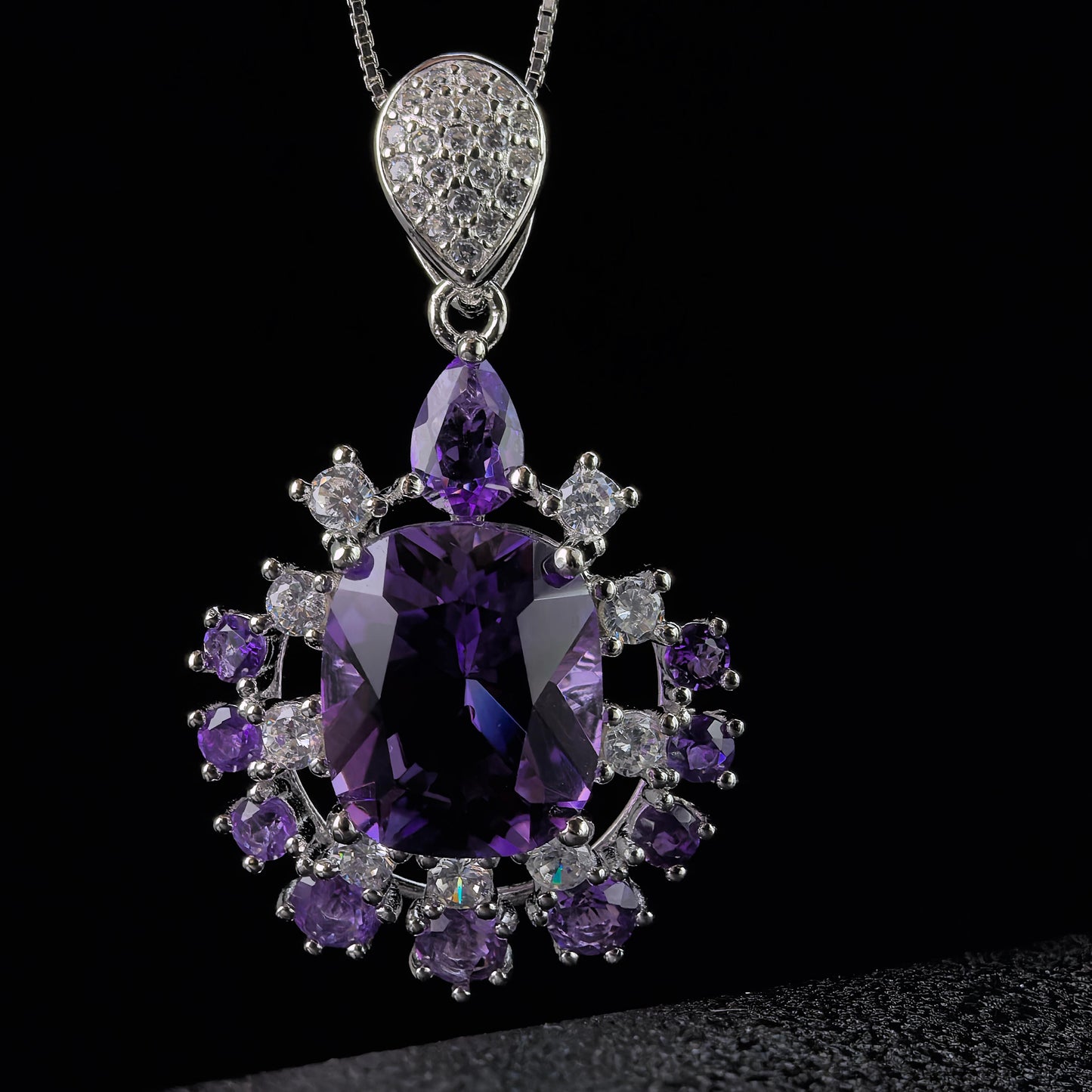 Elegant Rhodium Plated Silver 925 Jewelry Natural Amethyst Pendant