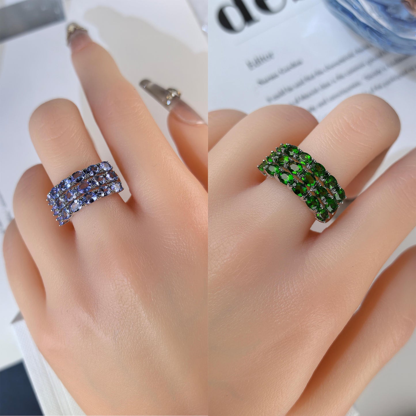 Sparkling Rhodium/Rose Gold Plated Silver 925 Jewelry Natural Tanzanite/Diopside/Pyrope/Tourmaline Ring