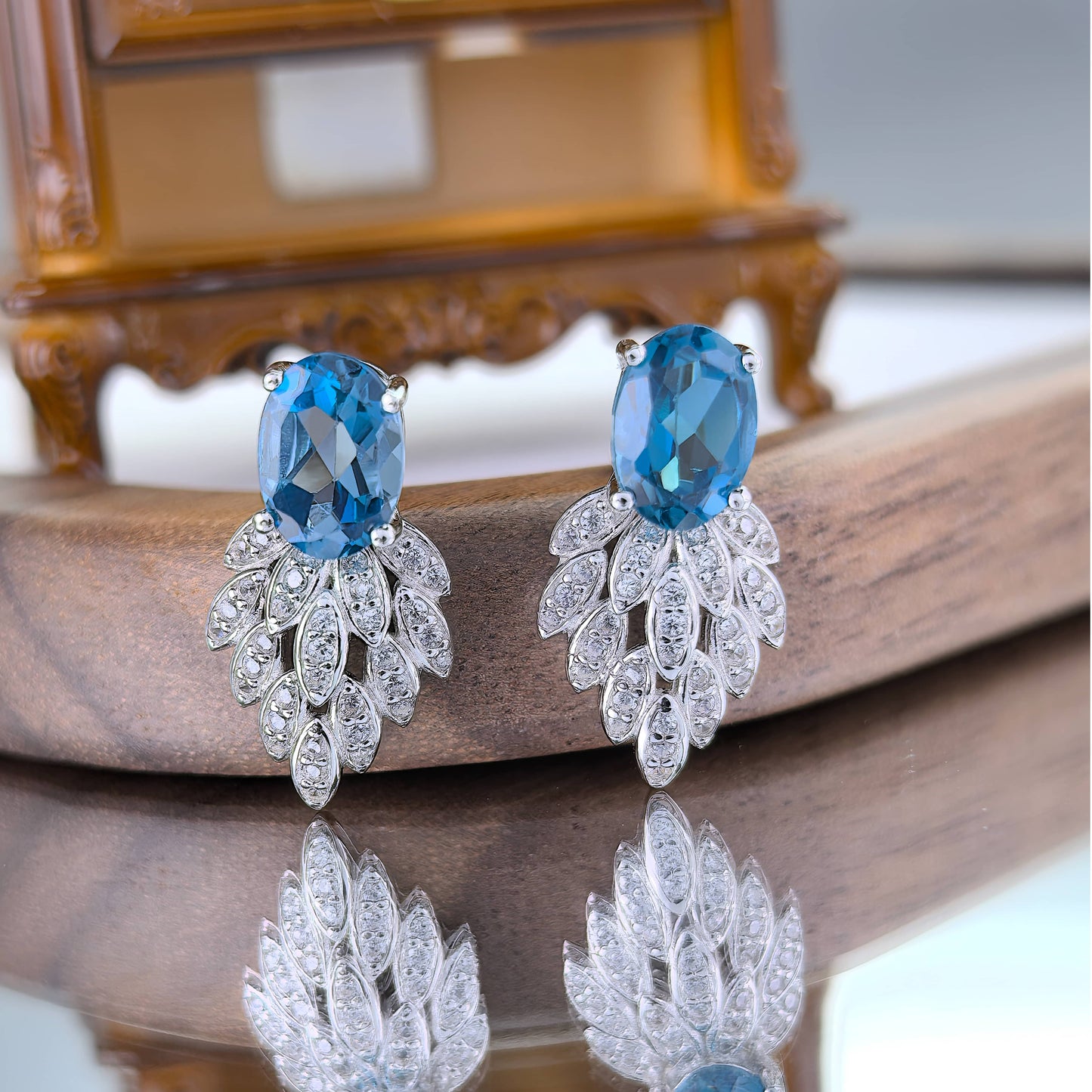 Gorgeous Rhodium Plated S925 Silver Natural London Blue Topaz Stud Earrings