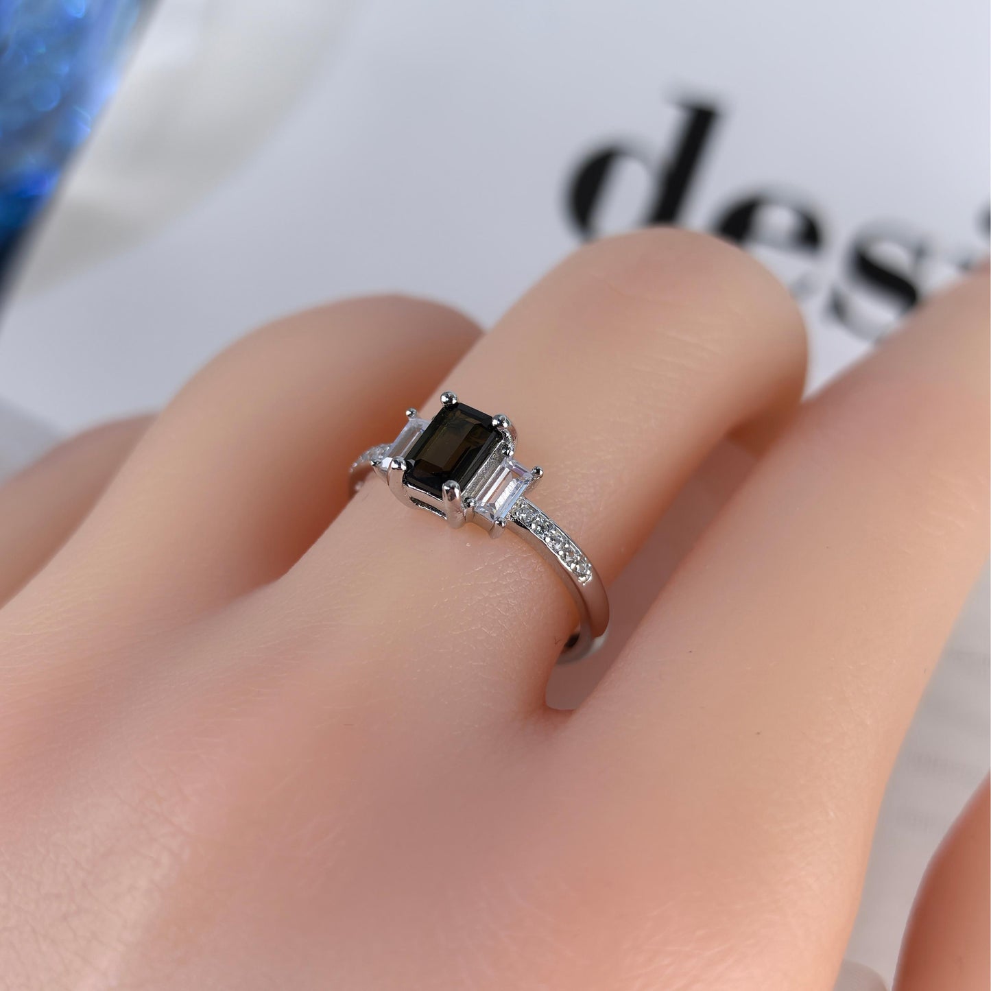 Silver 925 Jewelry Natural Tourmaline Gorgeous Rhodium Plated Emerald Cut Ring