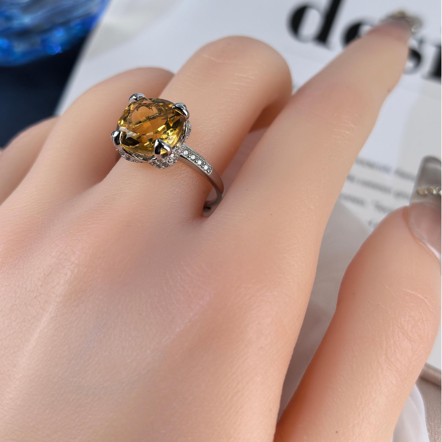 Charming Rhodium Plated Silver 925 Jewelry Natural Citrine Ring