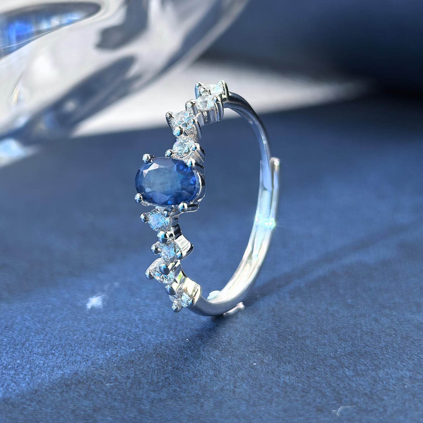 Delicate Rhodium Plated 925 Silver Jewelry Natural Sapphire Ring