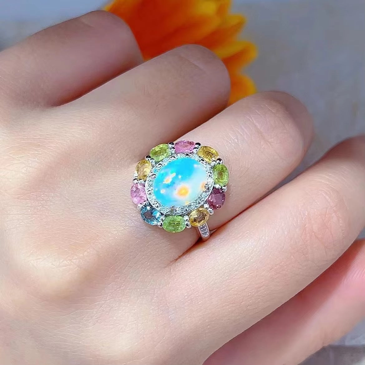 Delicate Rhodium Plated Silver 925 Jewelry Natural Opal Flower Jewelry Set